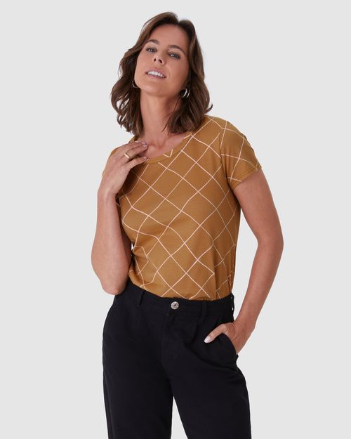 Blusa Feminina Decote Redondo Xadrez Em Algodão