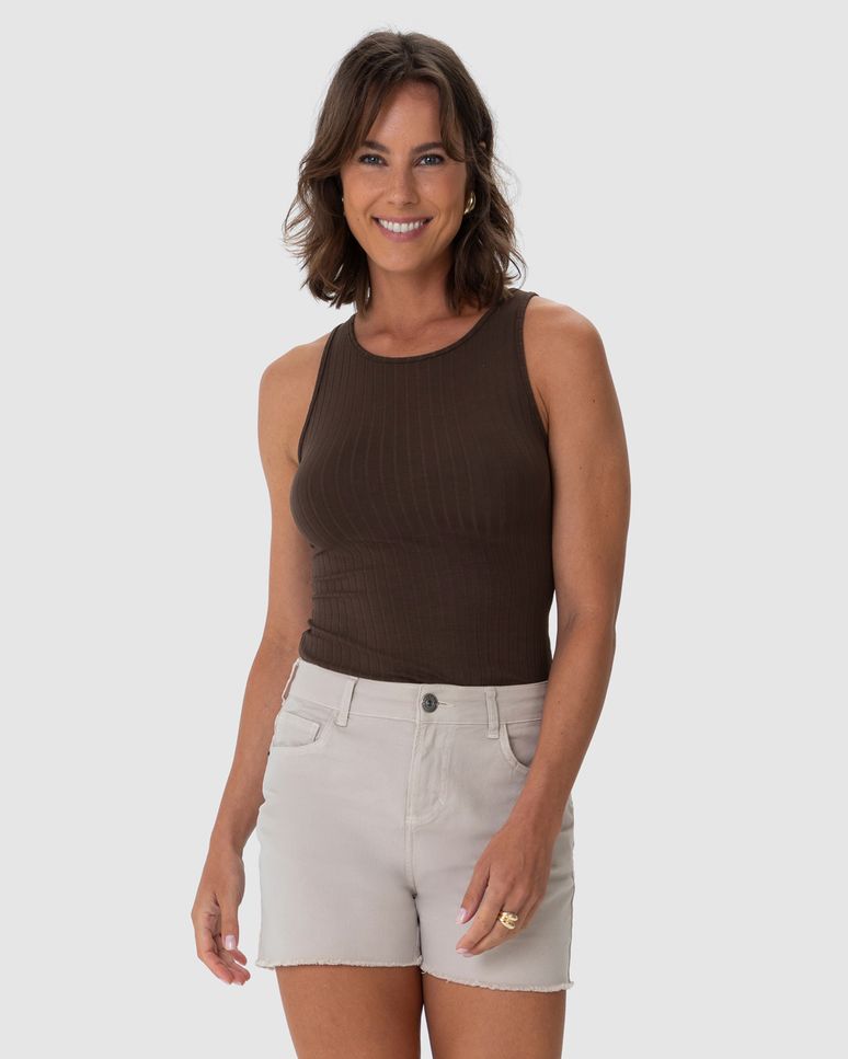 Regata Básica Feminina Decote Redondo Em Canelado De Viscose