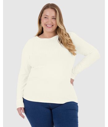 Blusa Básica Feminina Plus Size Manga Longa Em Canelado De Viscose