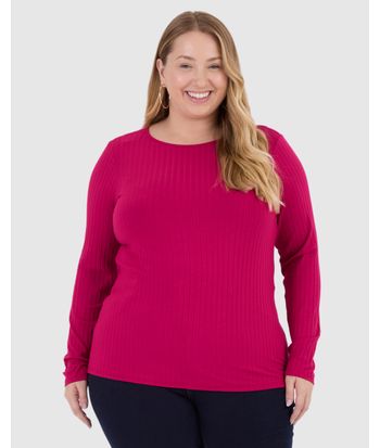 Blusa Básica Feminina Plus Size Manga Longa Em Canelado De Viscose