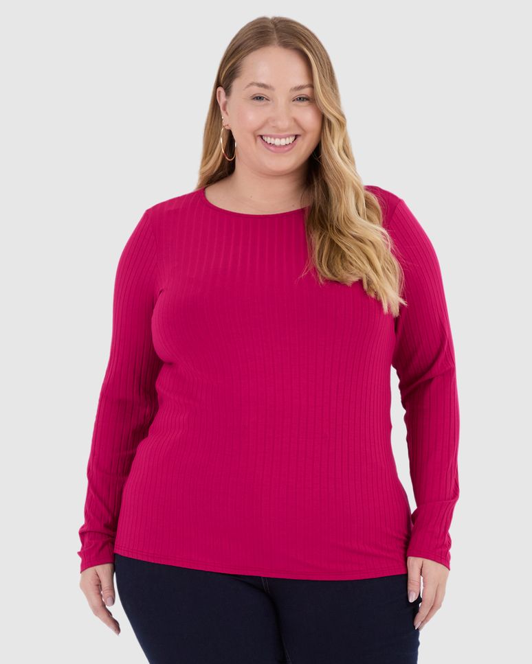 Blusa Básica Feminina Plus Size Manga Longa Em Canelado De Viscose