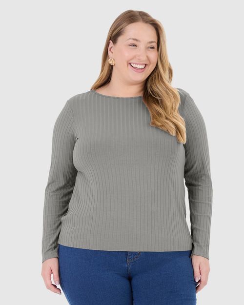 Blusa Básica Feminina Plus Size Manga Longa Em Canelado De Viscose