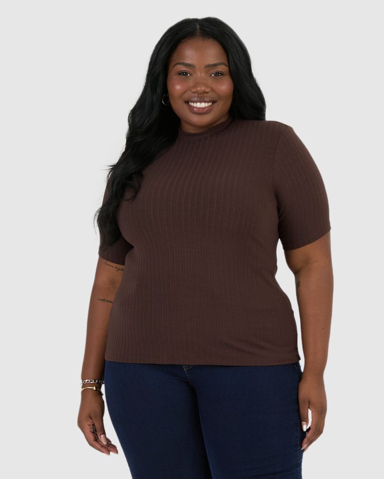 Blusa Feminina Plus Size Gola Alta Em Viscose Canelada