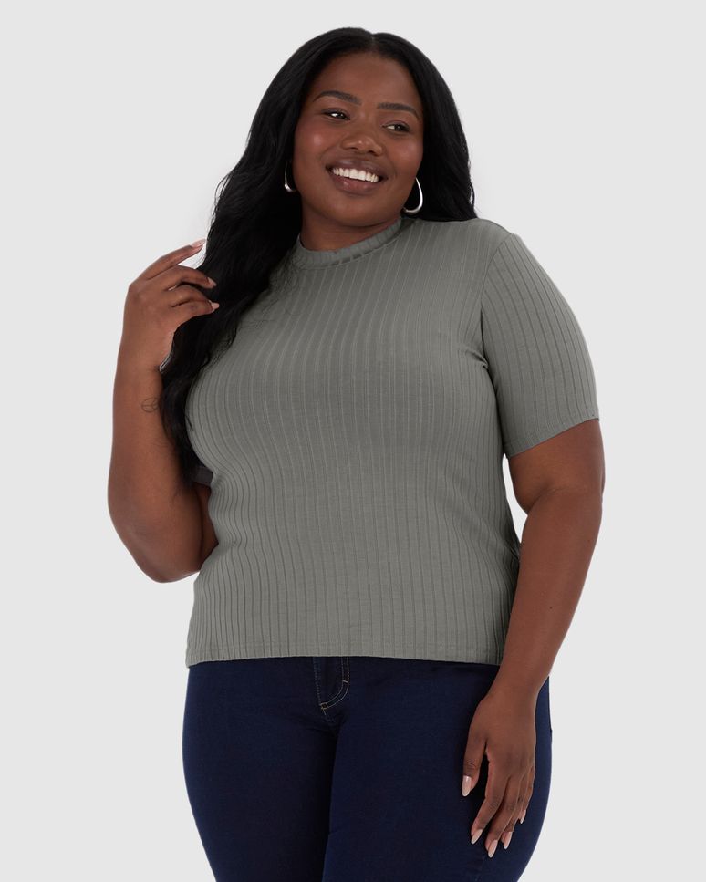 Blusa Feminina Plus Size Gola Alta Em Viscose Canelada