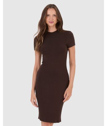 Vestido Básico Feminino Gola Alta Em Malha Canelada De Viscose