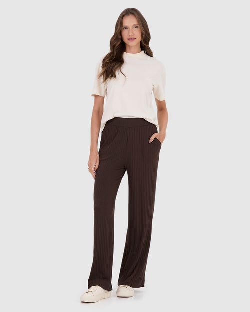 Calça Wide Leg Feminina Cintura Alta Em Malha Canelada De Viscose