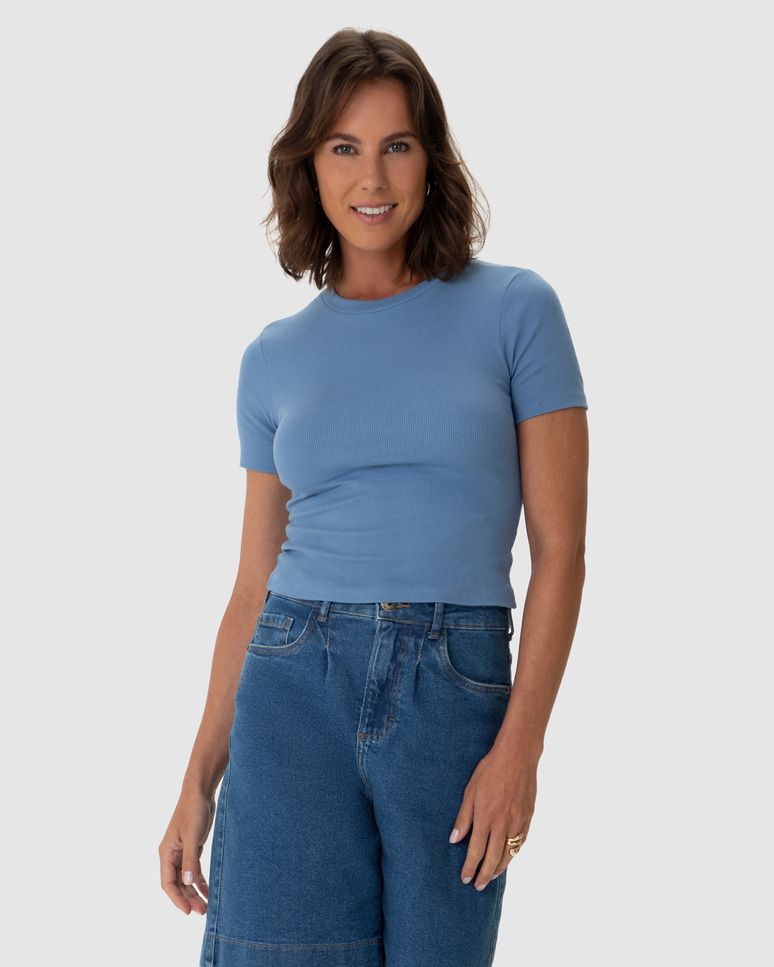 Blusa Básica Feminina Decote Redondo Em Ribana