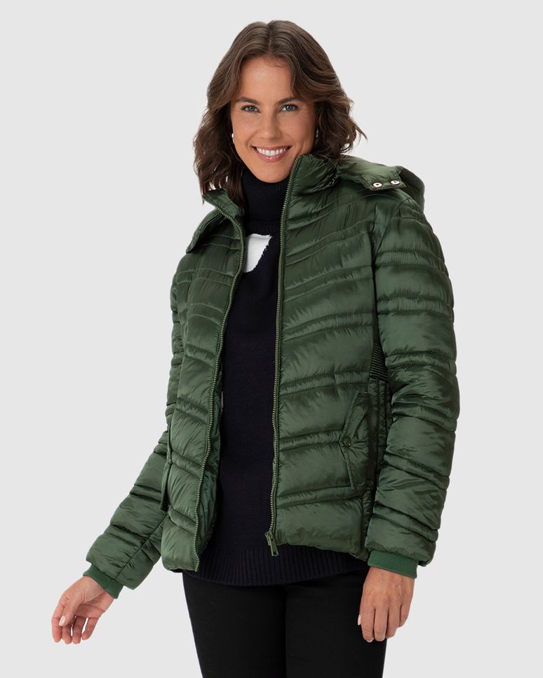 Jaqueta Puffer Feminina Capuz Removível Em Tafetá