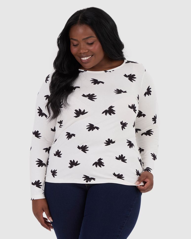 Blusa Feminina Plus Size Estampada Manga Longa Em Viscose Stretch