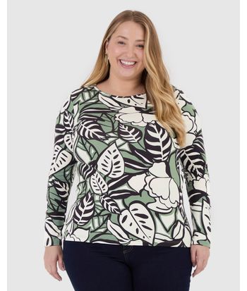 Blusa Feminina Plus Size Estampada Manga Longa Em Viscose Stretch