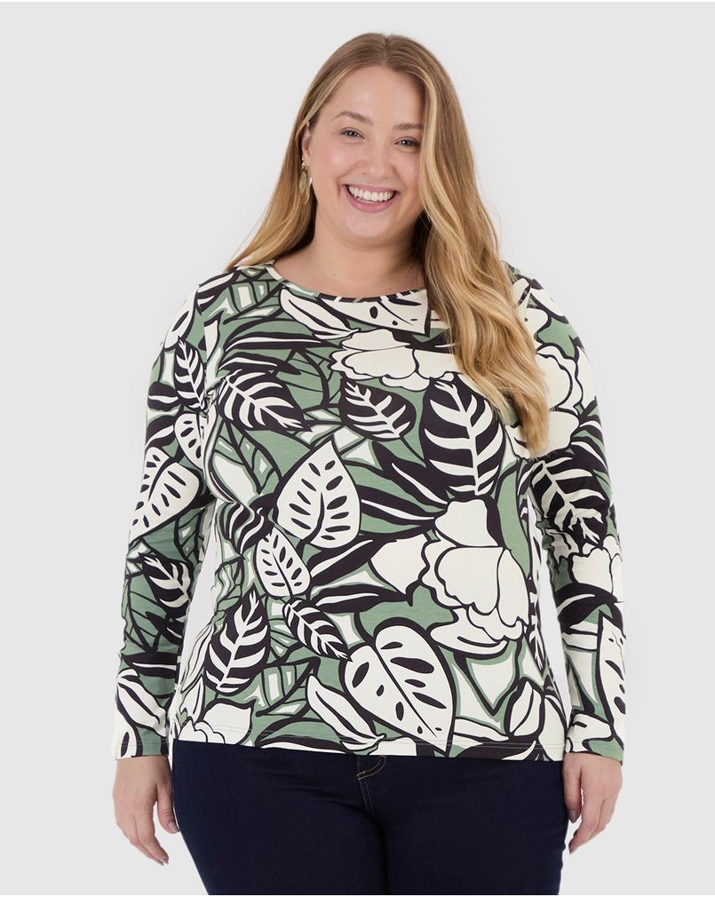 Blusa Feminina Plus Size Estampada Manga Longa Em Viscose Stretch - Main Image
