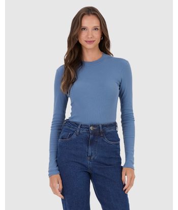Blusa Básica Feminina Gola Alta Manga Longa Em Ribana