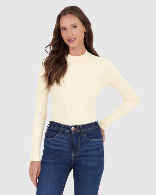 Blusa Básica Feminina Gola Alta Manga Longa Em Ribana