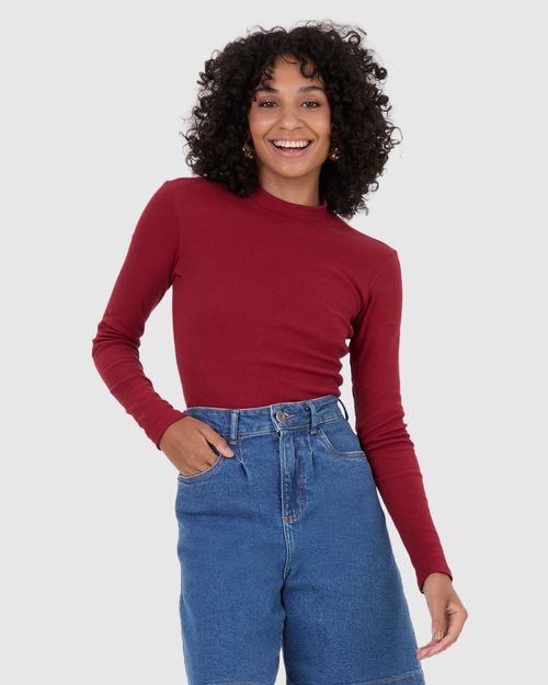 Blusa Básica Feminina Gola Alta Manga Longa Em Ribana