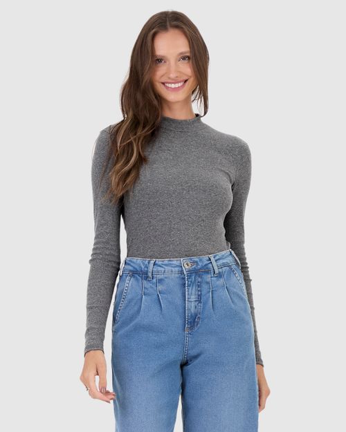 Blusa Básica Feminina Gola Alta Manga Longa Em Ribana