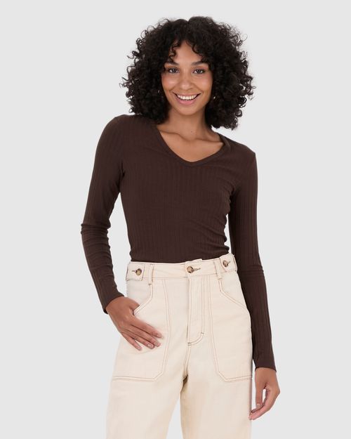 Blusa Básica Feminina Decote V Manga Longa Em Malha Canelada De Viscose