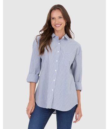 Camisa Ampla Feminina Listrada Bolso Frontal Em Algodão