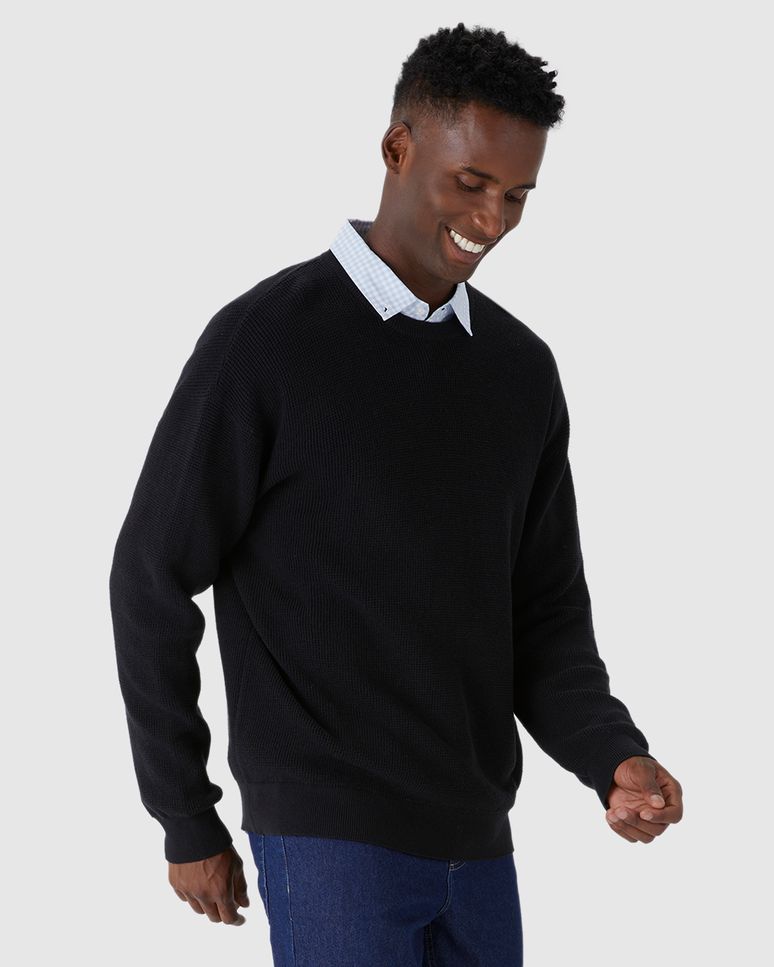 Suéter Masculino Gola Redonda Manga Longa Em Tricô Rajado