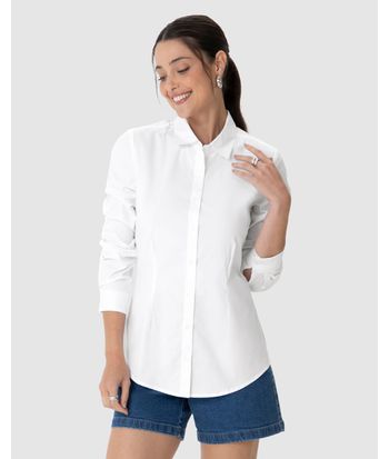 Camisa Básica Feminina Manga Longa Em Tricoline