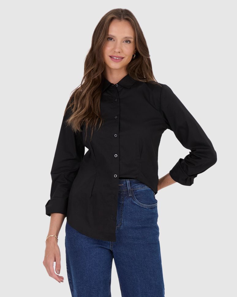 Camisa Básica Feminina Manga Longa Em Tricoline