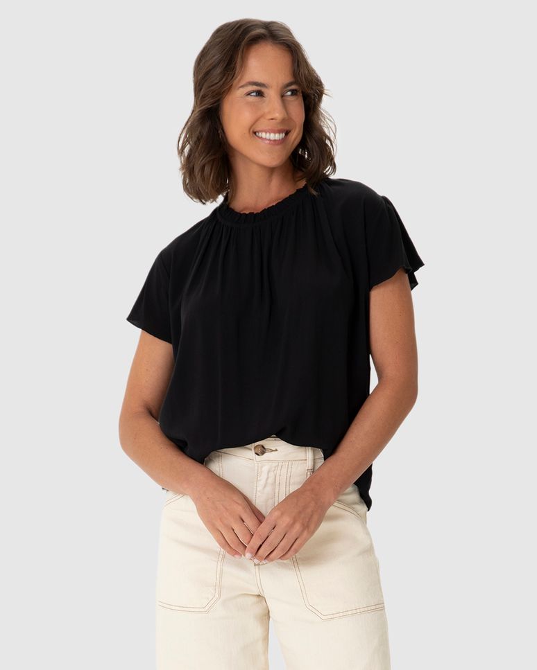 Blusa Feminina Evasê Gola Franzida Em Viscose Sarjada