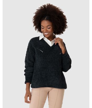 Suéter Feminino Gola V Detalhes Vazados Em Chenile