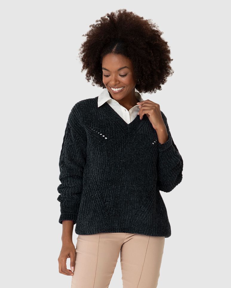 Suéter Feminino Gola V Detalhes Vazados Em Chenile