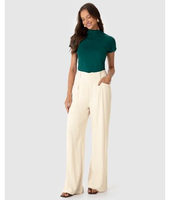 Calça Feminina Pantalona Bolso Frontal Em Viscolinho