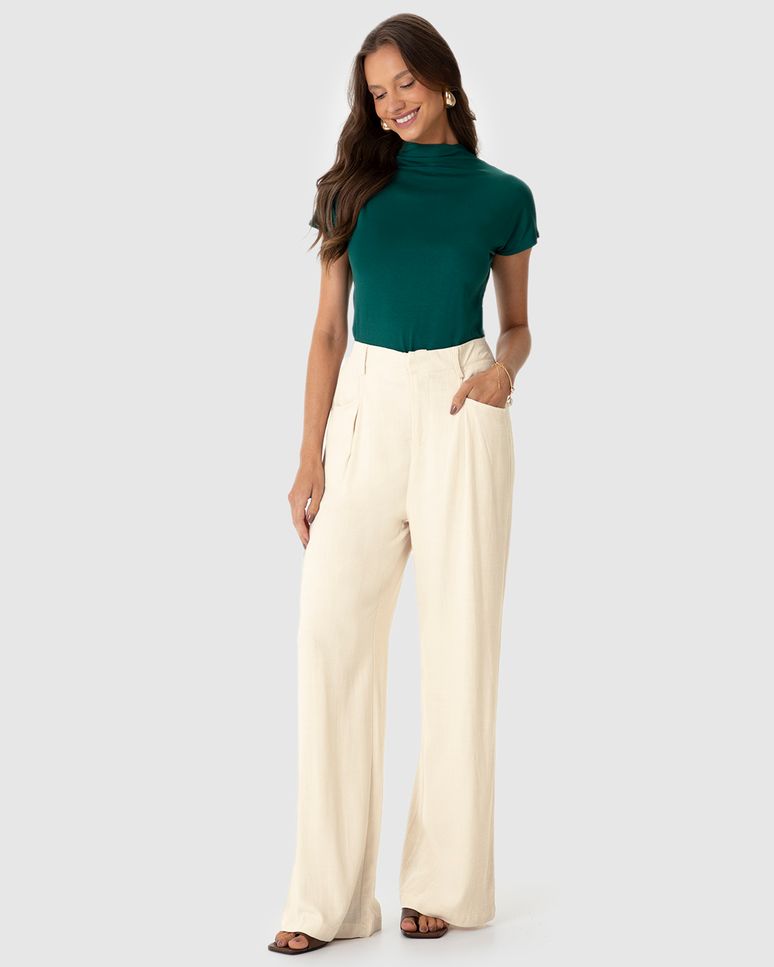 Calça Feminina Pantalona Bolso Frontal Em Viscolinho