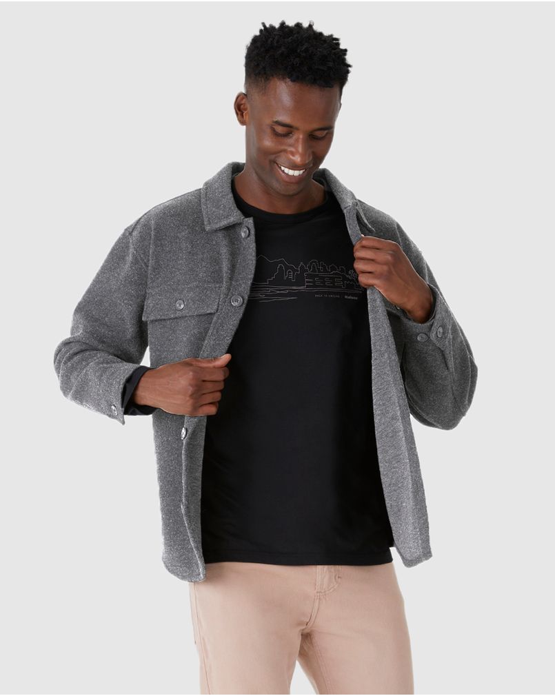 Jaqueta Masculina Estilo Camisa Bolso Funcional Em Lã Batida CINZA