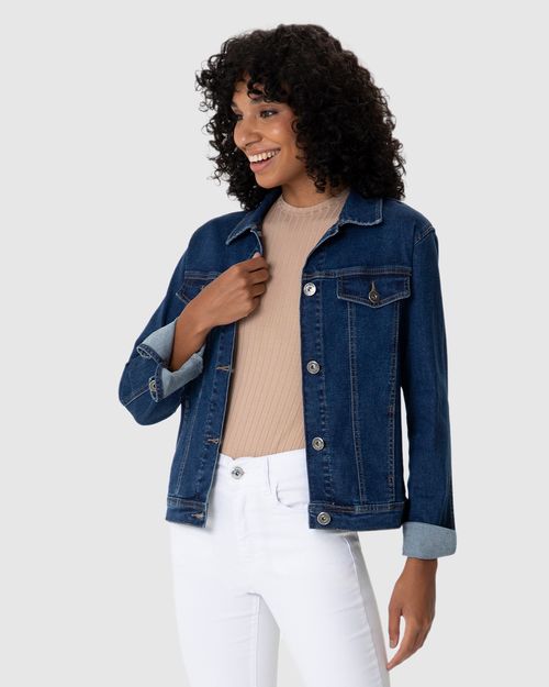Jaqueta Feminina Lapela Decorativa Em Jeans Com Elastano