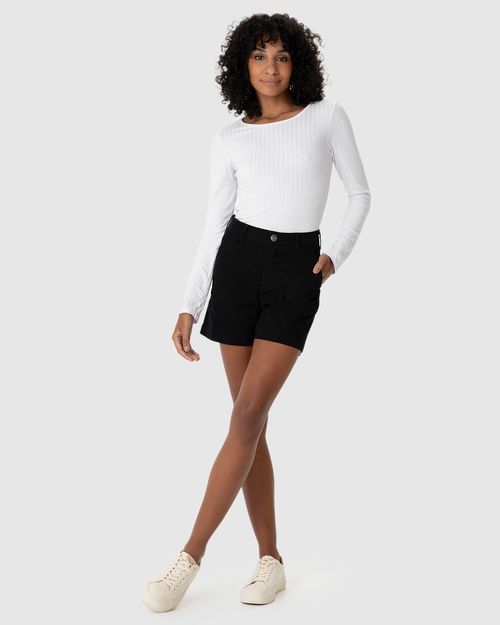 Shorts Feminino Alfaiataria Cintura Alta Em Sarja Com Elastano