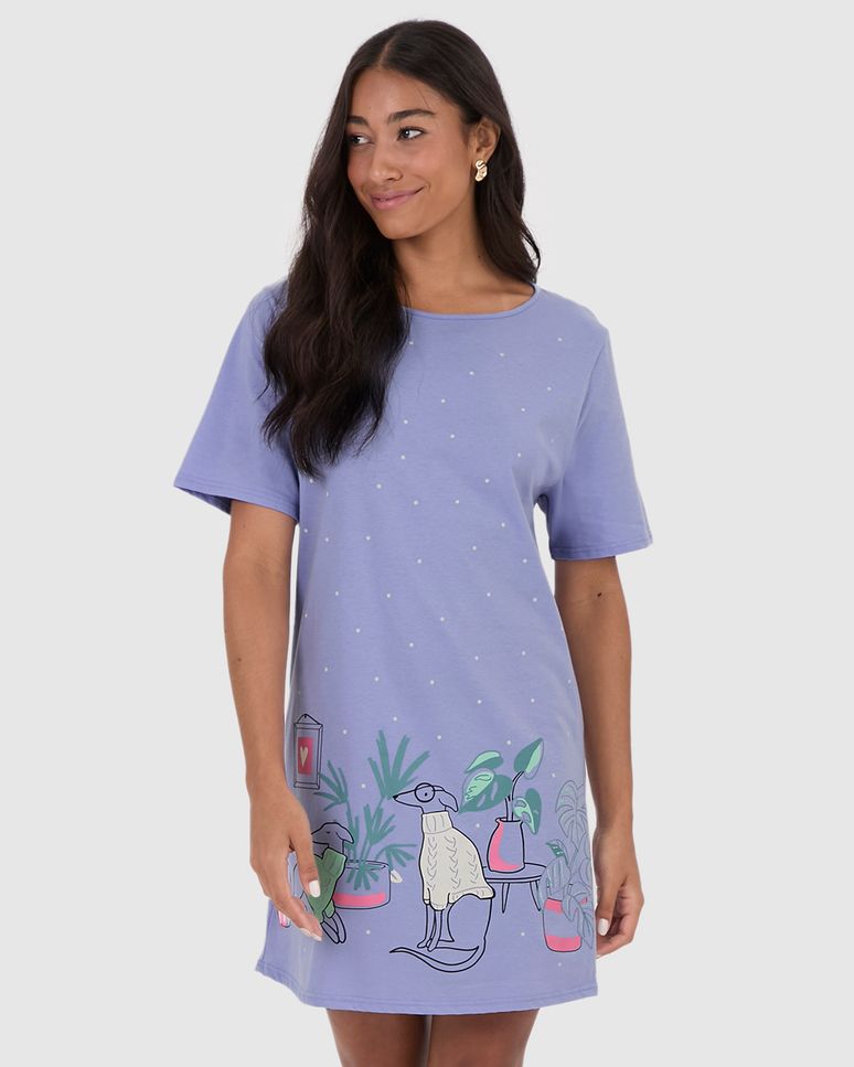 Camisola Feminina Manga Curta Estampada Em Algodão