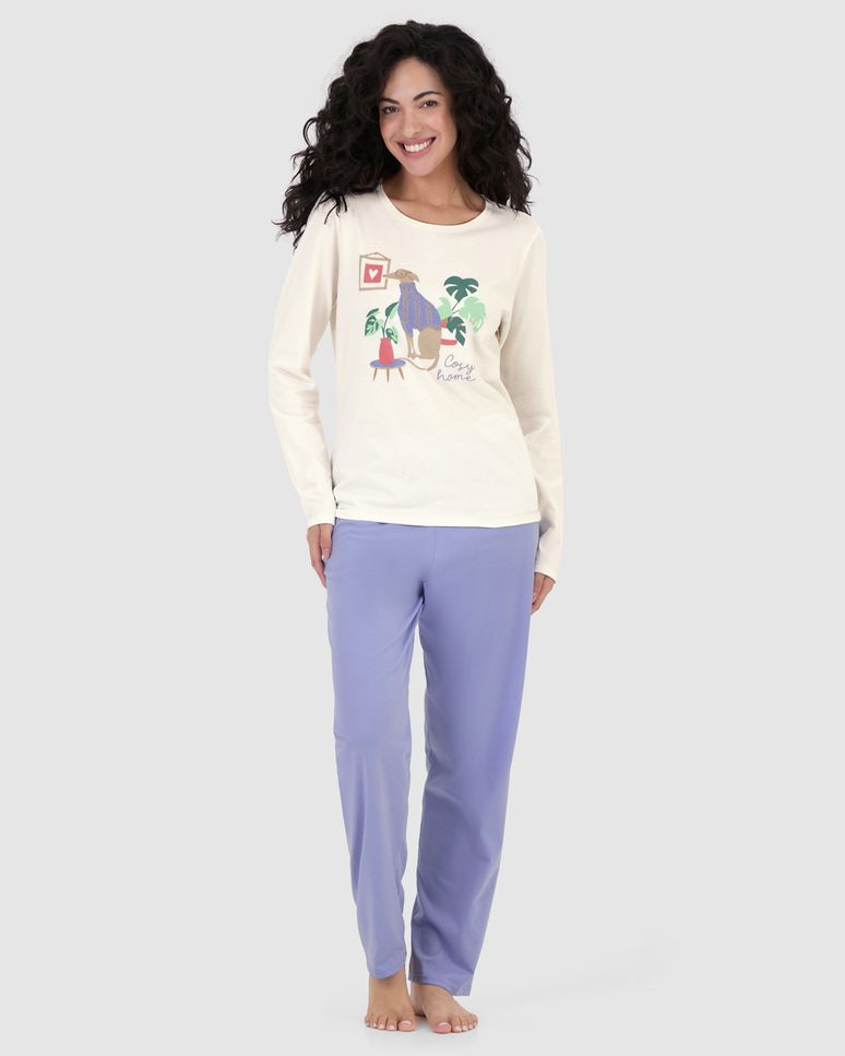 Pijama Feminino Blusa Estampada Manga Longa Em Algodão