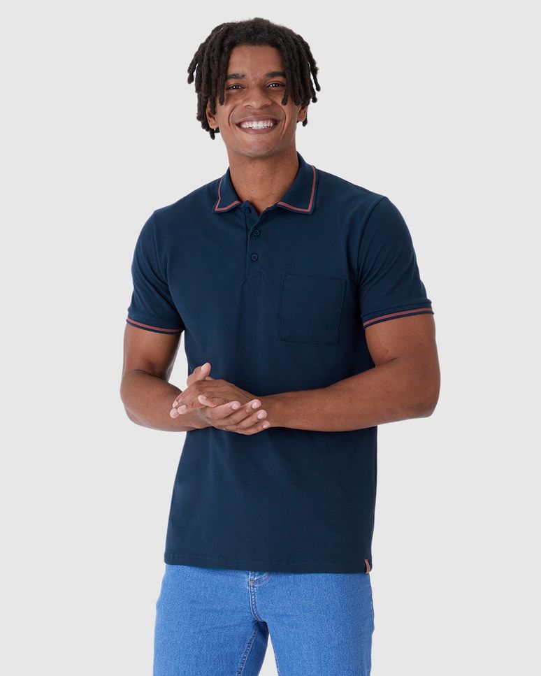 Camisa Polo Masculina Slim Bolso Funcional Em Piquet Stretch