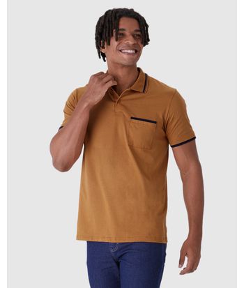 Camisa Polo Masculina Detalhe Costura Contraste Em Malha Comfy Touch