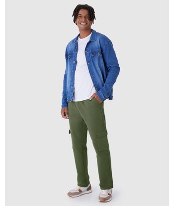 Calça Reta Masculina Bolso Cargo Em Moletom Flanelado