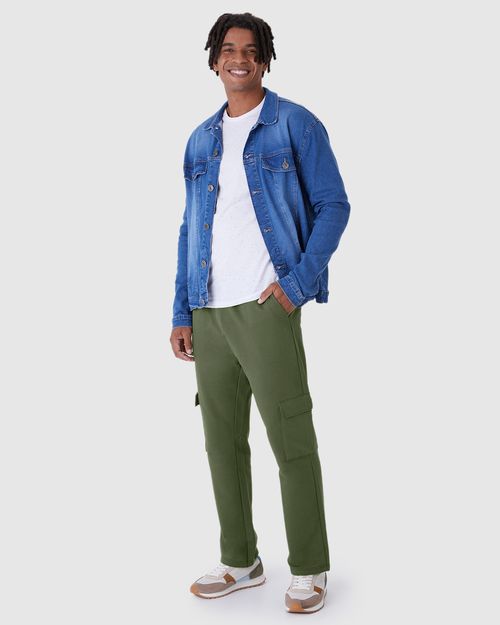 Calça Reta Masculina Bolso Cargo Em Moletom Flanelado