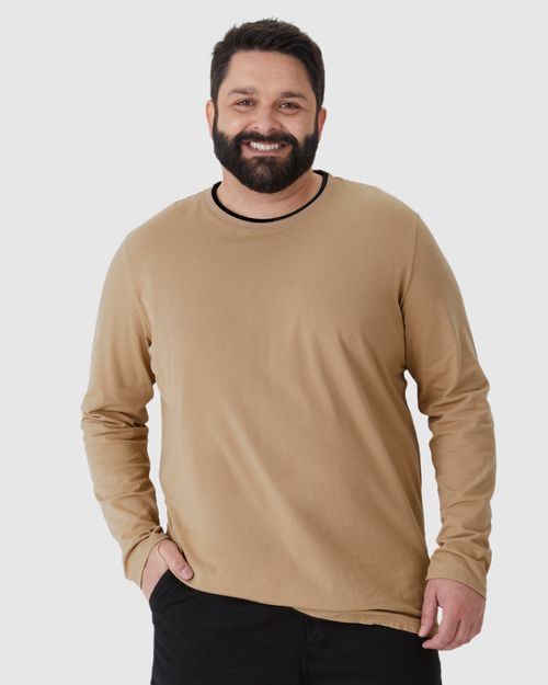 Camiseta Masculina Plus Size Gola Redonda Manga Longa Em Piquet Stretch