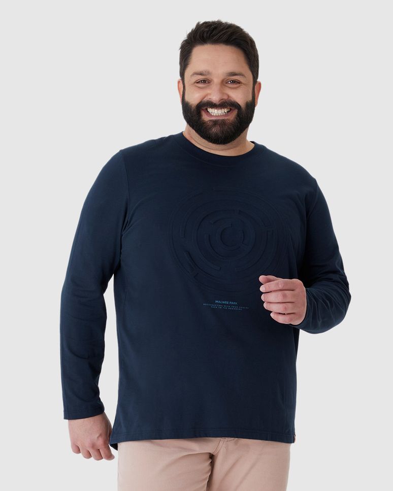Camiseta Masculina Plus Size Manga Longa Estampa Alto Relevo Em Algodão