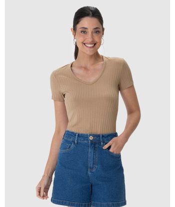 Blusa Básica Feminina Justa Decote V Em Malha Canelada De Viscose