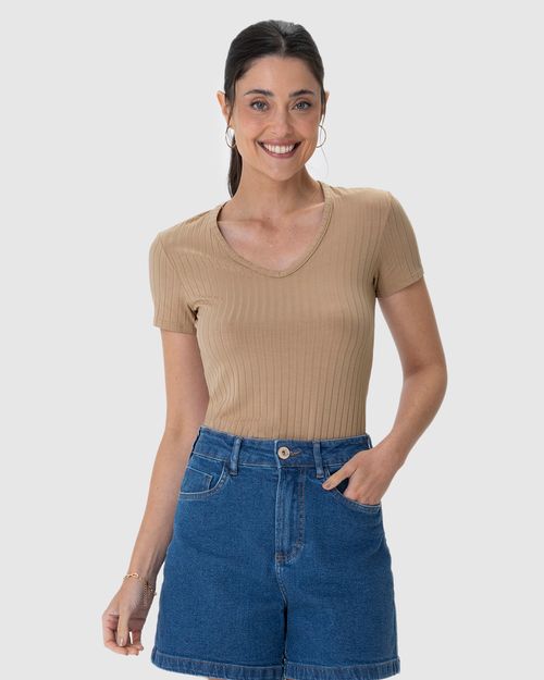Blusa Básica Feminina Justa Decote V Em Malha Canelada De Viscose