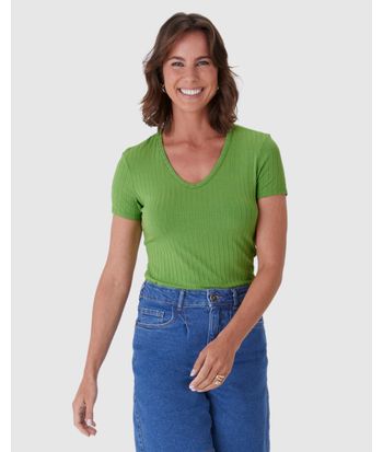 Blusa Básica Feminina Justa Decote V Em Malha Canelada De Viscose