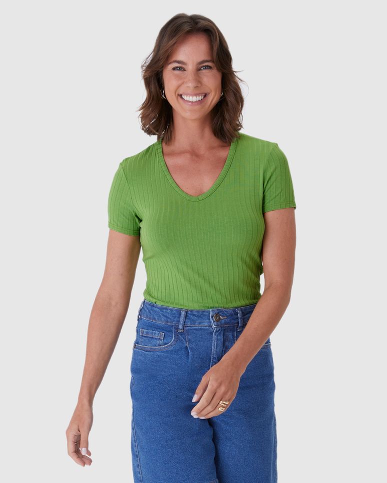 Blusa Básica Feminina Justa Decote V Em Malha Canelada De Viscose