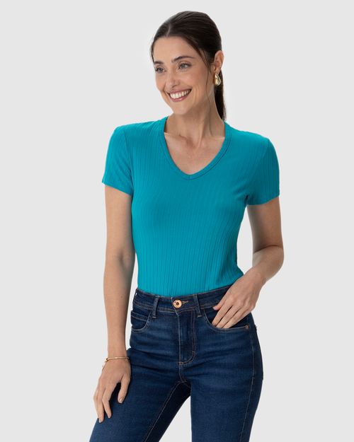 Blusa Básica Feminina Justa Decote V Em Malha Canelada De Viscose