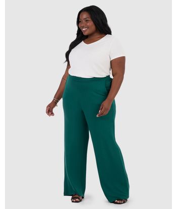 Calça Wide Leg Feminina Plus Size Bolso Faca Em Moletinho De Viscose