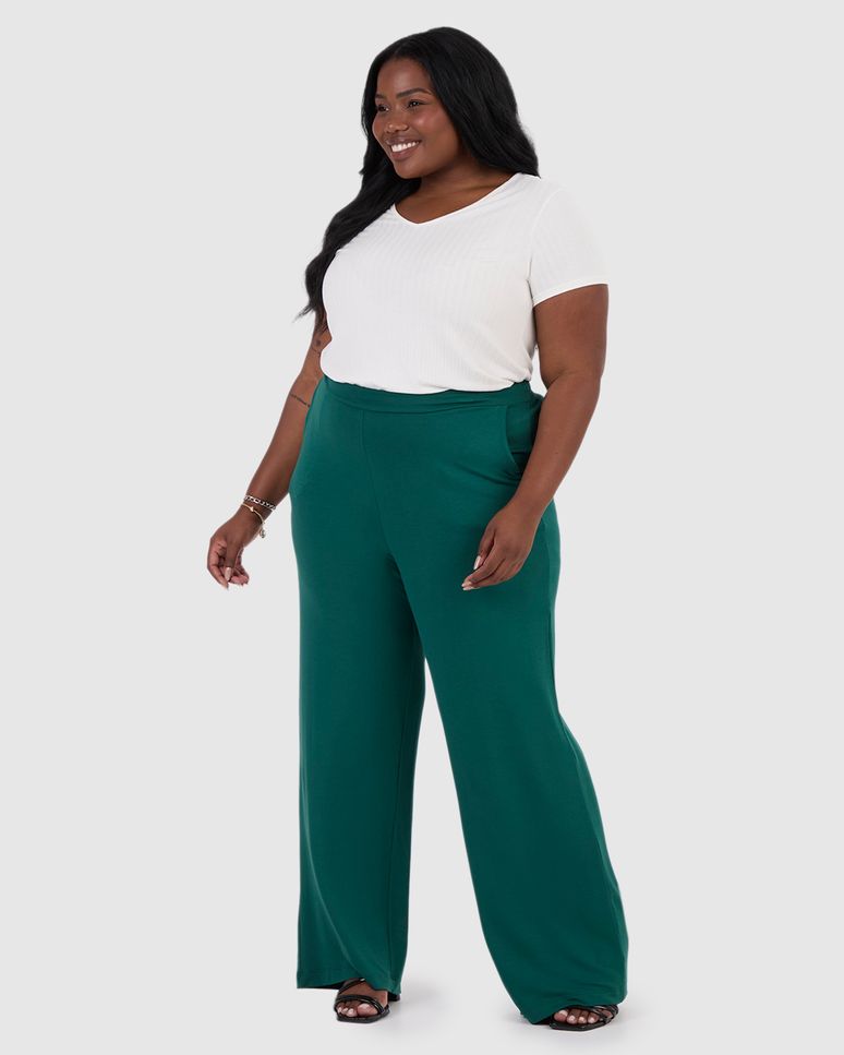 Calça Wide Leg Feminina Plus Size Bolso Faca Em Moletinho De Viscose