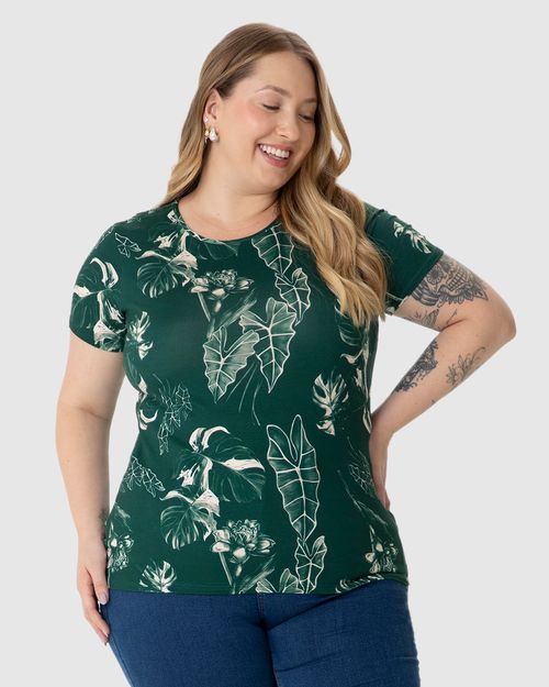 Blusa Feminina Plus Size Manga Curta Estampada Em Viscose Stretch