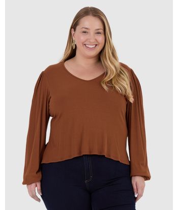 Blusa Feminina Plus Size Decote V Manga Longa Em Malha Viscose Canelada