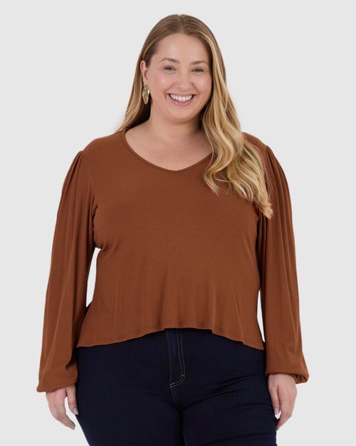 Blusa Feminina Plus Size Decote V Manga Longa Em Malha Viscose Canelada
